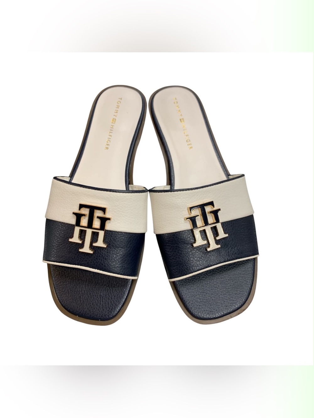 Tommy Hilfiger Navy and Cream Logo Slide Mules S9